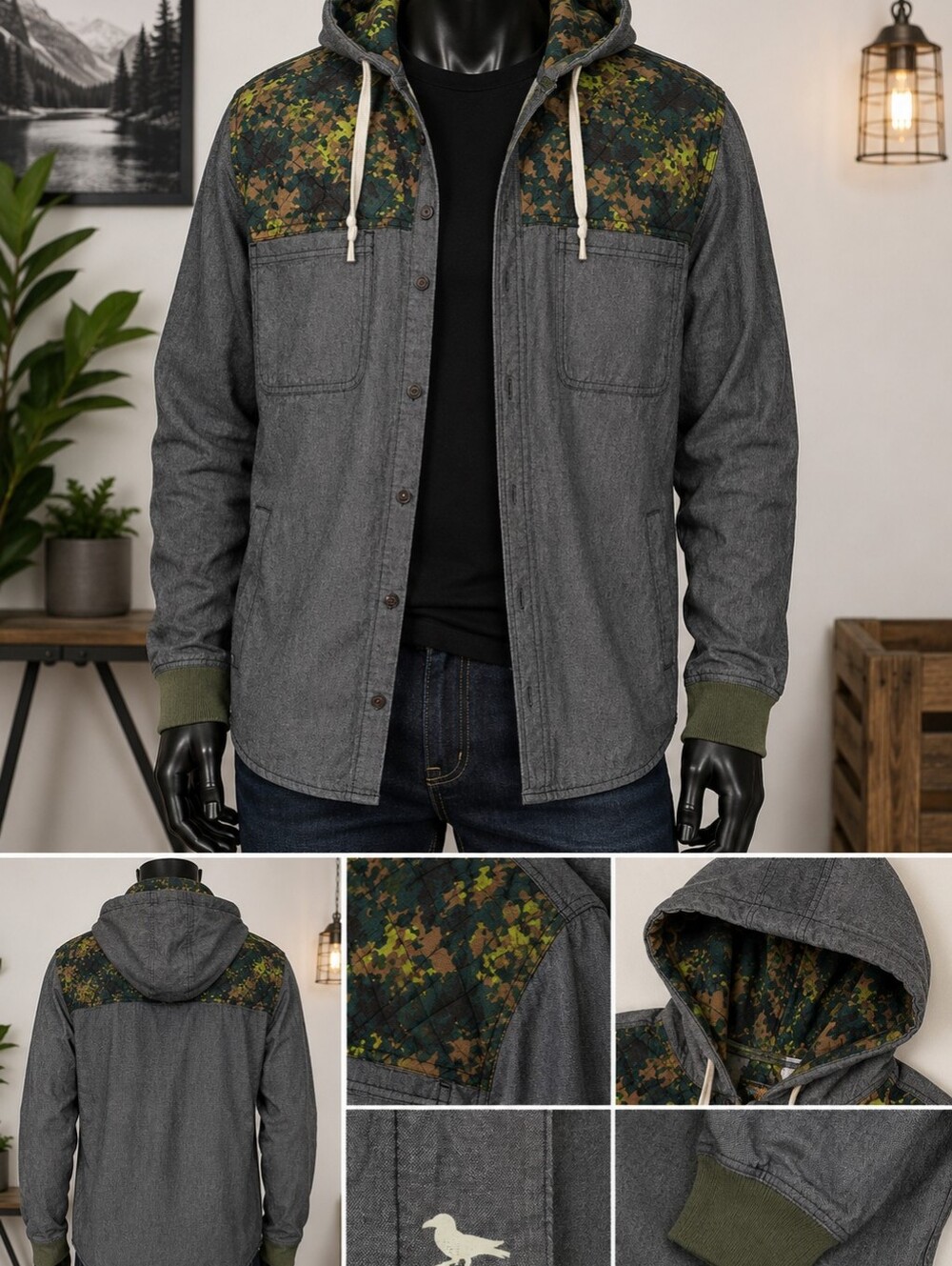 Modern Amusement Men XL Camo Hooded Shirt Jacket Gray Quilted Utility Shacket